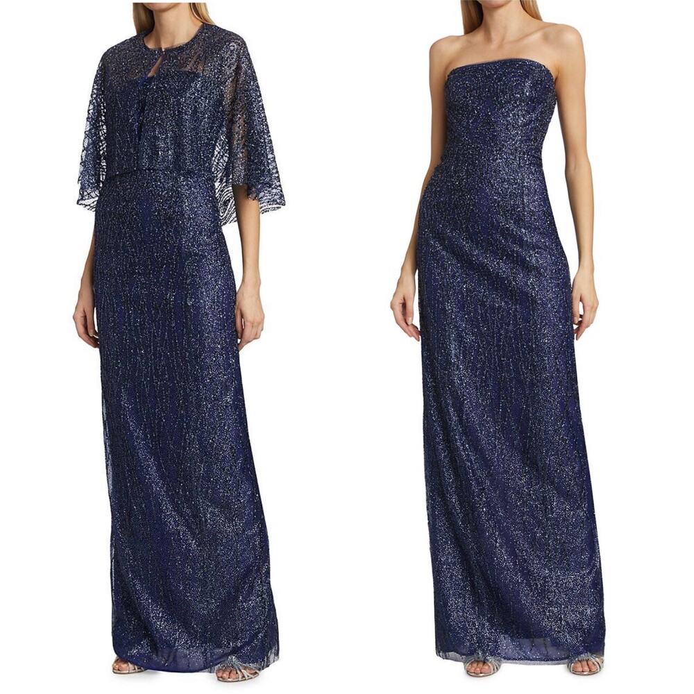 Marchesa Sequin‎ Gown Cape Navy Blue Strapless Embellished Column Sz 6